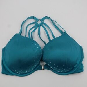 Victoria's Secret Very Sexy Push Up Bra 36D Teal Rhinestone Strappy Cage Back